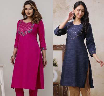 AuzaSho Collection Women Embroidered Straight Kurta(Pink, Blue)