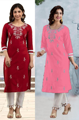SISTO Women Embroidered Straight Kurta(Multicolor)