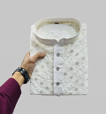 FOXDX Men Embellished A-line Kurta(White)