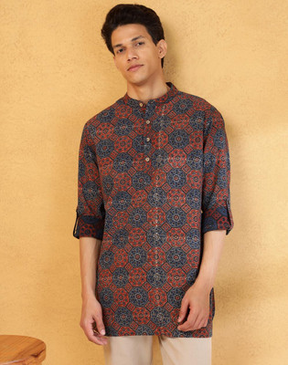 Fabindia Men Printed Straight Kurta(Blue)