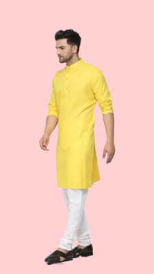 HouseOfCommon Men Solid A-line Kurta(Yellow)