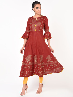 Aniyah Women Block Print Anarkali Kurta(Maroon)