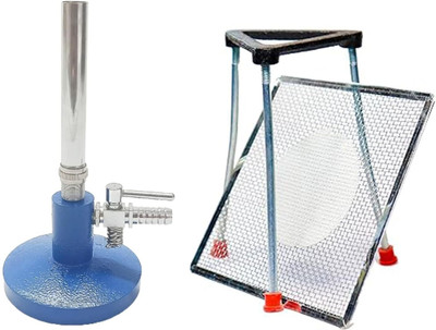 polylab Brass Pipe, Tripod Stand, Wire Gauge, Heat Apparatus Set with Stopcock Laboratory Bunsen Burner