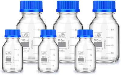 Bello Borosilicate reagent bottle 25ml 3pcs & 100ml 3pcs with Screw Cap pack of 6 Laboratory Dropper Bottle(Borosilicate Glass 375 ml Pack of6)