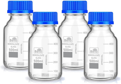 Bello Borosilicate Glass Measuring Reagent Bottle 500ml With Blue Screw Cap Pack of 4 Laboratory Dropper Bottle(Borosilicate Glass 500 ml Pack of4)