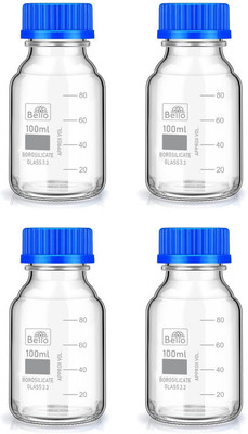 Bello Borosilicate Glass reagent bottle 100ml with leak proof Blue Screw Cap pack of 4 Laboratory Dropper Bottle(Borosilicate Glass 100 ml Pack of4)