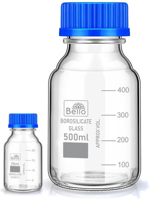 Bello Borosilicate Glass Measuring Reagent Bottle 25ml & 500ml, labPack of 2 Laboratory Dropper Bottle(Borosilicate Glass 525 ml Pack of2)