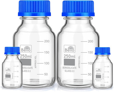 Bello Borosilicate reagent bottle 25ml 2pcs & 250ml 2pcs with Screw Cap pack of 4 Laboratory Dropper Bottle(Borosilicate Glass 550 ml Pack of4)