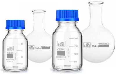 Bello Borosilicate Glass Reagent Bottle 100ml, 250ml & Round RB flask 100ml, 250ml Laboratory Dropper Bottle(Borosilicate Glass 700 ml Pack of4)