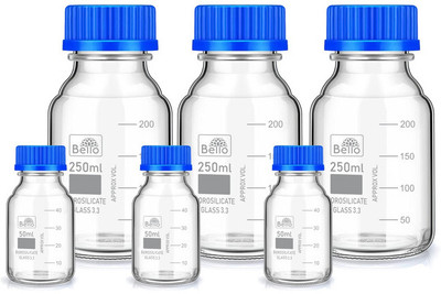 Bello Borosilicate reagent bottle 50ml 3pcs & 250ml 3pcs with Blue Screw Cap pack of 6 Laboratory Dropper Bottle(Borosilicate Glass 900 ml Pack of6)