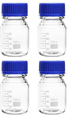 VVS Borosilicate Glass reagent bottle 100ml with leak proof Blue Screw Cap pack of 4 Laboratory Dropper Bottle(Borosilicate Glass 100 ml Pack of4)