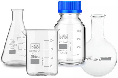 Bello Borosilicate Reagent Bottle 250ml Beaker 250ml Conical 250ml & RBB Flask 250ml Laboratory Dropper Bottle(Borosilicate Glass 1000 ml Pack of4)
