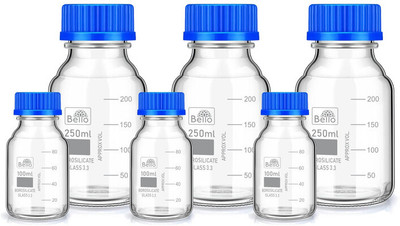Bello Borosilicate reagent bottle 100ml 3pcs & 250ml 3pcs with Blue Screw Cap set of 6 Laboratory Dropper Bottle(Borosilicate Glass 1050 ml Pack of6)