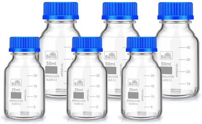Bello Borosilicate reagent bottle 25ml 3pcs & 50ml 3pcs with Blue Screw Cap pack of 6 Laboratory Dropper Bottle(Borosilicate Glass 225 ml Pack of6)