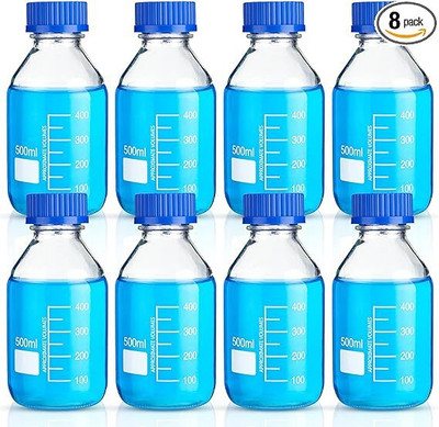 VVS Borosilicate Glass reagent bottle 500ml with leak proof Blue Screw Cap pack of 8 Laboratory Dropper Bottle(Borosilicate Glass 4000 ml Pack of8)