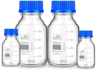 Bello Borosilicate reagent bottle 25ml 2pcs & 100ml 2pcs with Blue Screw Cap pack of 4 Laboratory Dropper Bottle(Borosilicate Glass 250 ml Pack of4)