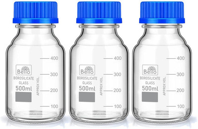 GVSSCO Borosilicate Glass Measuring Reagent Bottle 500ml With Blue Screw Cap Pack of 3 Laboratory Dropper Bottle(Borosilicate Glass 500 ml Pack of3)