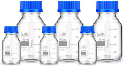 Bello Borosilicate reagent bottle 50ml 3pcs & 100ml 3pcs with Blue Screw Cap pack of 6 Laboratory Dropper Bottle(Borosilicate Glass 450 ml Pack of6)