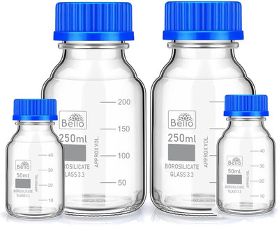 Bello Borosilicate reagent bottle 50ml 2pcs & 250ml 2pcs with Blue Screw Cap pack of 4 Laboratory Dropper Bottle(Borosilicate Glass 600 ml Pack of4)