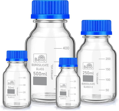 Bello Borosilicate Glass Measuring Reagent Bottle 25ml 50ml, 250ml & 500ml, Pack of 4 Laboratory Dropper Bottle(Borosilicate Glass 825 ml Pack of4)