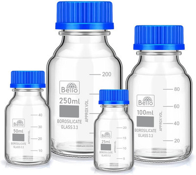 Bello Borosilicate reagent bottle 25ml 50ml 100ml & 250ml with Blue Screw Cap set of 4 Laboratory Dropper Bottle(Borosilicate Glass 425 ml Pack of4)