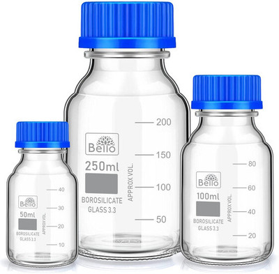 Bello Borosilicate reagent bottle 50ml, 100ml & 250ml with Blue Screw Cap pack of 3 Laboratory Dropper Bottle(Borosilicate Glass 400 ml Pack of3)