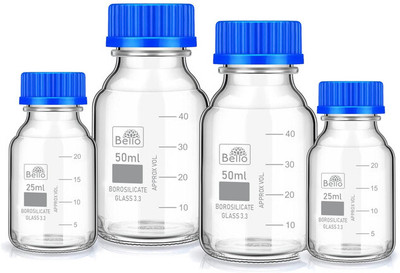 Bello Borosilicate reagent bottle 25ml 2pcs & 50ml 2pcs with Blue Screw Cap pack of 4 Laboratory Dropper Bottle(Borosilicate Glass 150 ml Pack of4)