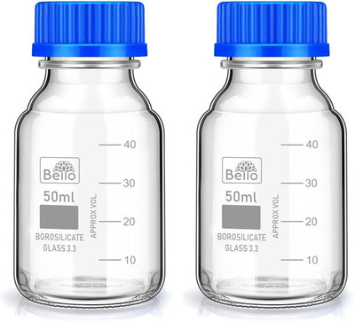 Bello Borosilicate Glass reagent bottle 50ml with leak proof Blue Screw Cap pack of 2 Laboratory Dropper Bottle(Borosilicate Glass 50 ml Pack of2)