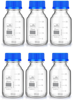Bello Borosilicate Glass reagent bottle 25ml with leak proof Blue Screw Cap pack of 6 Laboratory Dropper Bottle(Borosilicate Glass 25 ml Pack of6)