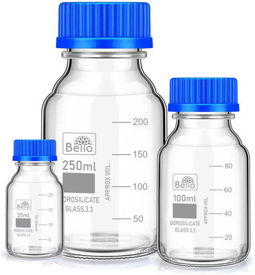 Bello Borosilicate reagent bottle 25ml, 100ml & 250ml with Blue Screw Cap pack of 3 Laboratory Dropper Bottle(Borosilicate Glass 375 ml Pack of3)