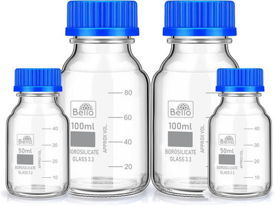 Bello Borosilicate reagent bottle 50ml 2pcs & 100ml 2pcs with Blue Screw Cap pack of 4 Laboratory Dropper Bottle(Borosilicate Glass 300 ml Pack of4)