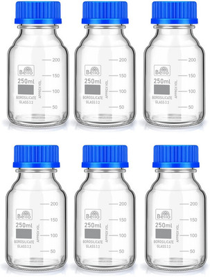 Bello Borosilicate Glass reagent bottle 250ml with leak proof Blue Screw Cap pack of 6 Laboratory Dropper Bottle(Borosilicate Glass 250 ml Pack of6)