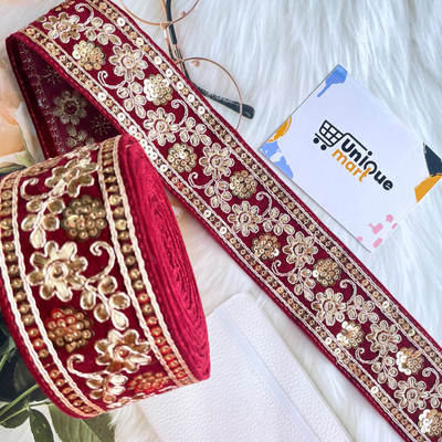 uniquemart Beautiful Maroon Golden Flower Zari Work Velvet Lace Border for Fancy Dresses (Maroon/9Mtr) Lace Reel(Pack of 1)