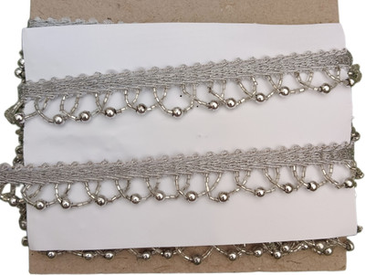 NIKUPODA Hanging Bead Moti Lace 8.5 meter cutdana Latkan Ribbon Trim for Dress Blouse,Dupatta,chunni,Sarees,Lehenga,Suits,(2cms wide)Silver to Silver Lace Reel(Pack of 1)