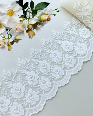 SARA Beautiful Pakistani Cotton Net Lace , White Lace Border for Suit, Saree, Gown, White organza lace border (5/Mtr) Lace Reel(Pack of 1)