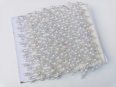 Swag Enterprises White Rainbow Crystal Moti 4 Meter Swag Fancy Pearl & White Latkan Hanging Bead Lace Border, 30 cm 4Mtr Lace Reel(Pack of 1)
