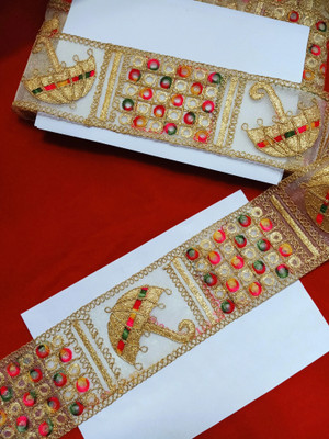 R N Creation Lace Border Gold Zari Cotton Multi Thread Work Sewing Ribbon Fancy Design for Sarees Lehengas Dupattas Choli Suits and Decorations and Craft Lace Reel(Pack of 1)