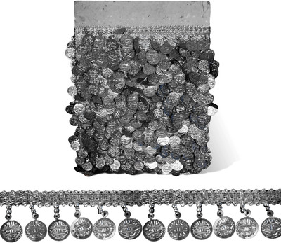 Uniqon CWG0417-01 (3cm X 8.5 Mtr) Silver Coin/sikka Hanging Latkan Fringe Gota Trim Lace Border Lace Reel(Pack of 1)