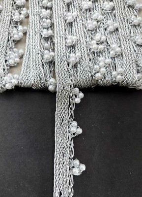 Mezin (Silver) 3 Moti Pearl Handmade Lace for Dress, Kurtis, Saree, Decorations (9 Mtr) Lace Reel(Pack of 1)