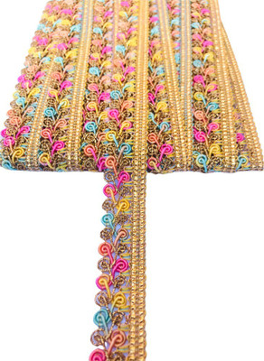 Gikom LACE-08 Beautiful Light Multicolor & Golden Shiny Zari Lace (Length-9mts Width-2cm) Lace Reel(Pack of 1)