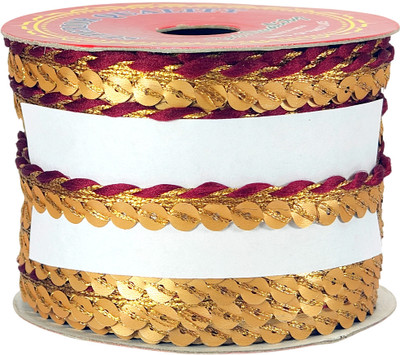 Woven Lace K-104428-Maroon-1 Golden Sequins with Thread Piping Lace for Card, Gift Wrapping | Size: 20 yards Lace Reel(Pack of 1)
