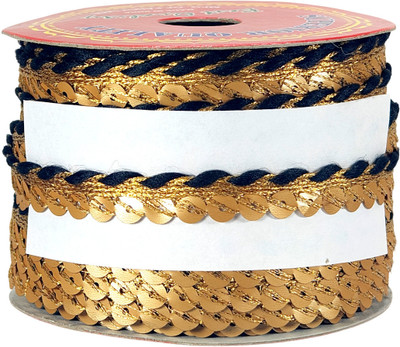 KURLZ K-104428-Black Golden Sequins with Thread Piping Lace for Card, Gift Wrapping | Size: 20 yards Lace Reel(Pack of 1)