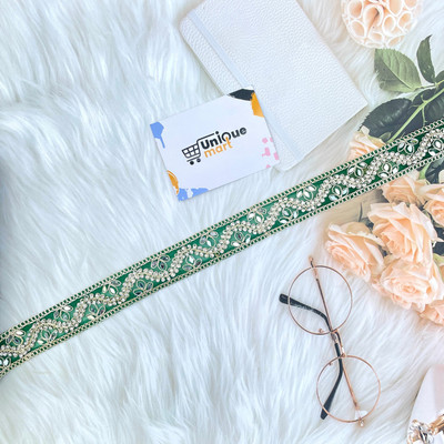 uniquemart Beautiful Green Mirror & Jarkan Stone Lace Border For Lehenga, Saree, Blouse, Green Lace Border, Green Colour Lace, Stone Lace (Green/9Mtr) Lace Reel(Pack of 1)