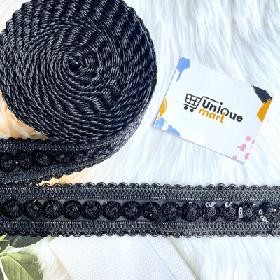 uniquemart Fancy Black Shiny Sitara Border Lace for All Fancy Dresses , Black Lace Border, Sequence Lace Border (Black/9Mtr) Lace Reel(Pack of 1)