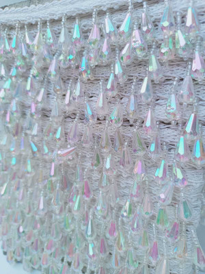 Swag Enterprises TRANSPARENT-RINBW-MOTI-2M Pearl & White Latkan Hanging Bead Lace Border, 30 cm 2Mtr Lace Reel(Pack of 1)