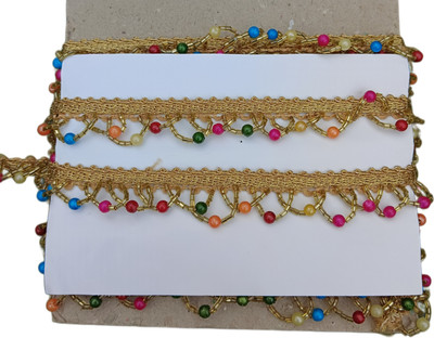 NIKUPODA Hanging Bead Moti Lace 8.5 meter cutdana Latkan Ribbon Trim for Dresses, Blouse,Dupatta,chunni,Sarees,Lehenga,Suits,Fabric Lace,(2cms wide)Multicolour Lace Reel(Pack of 1)