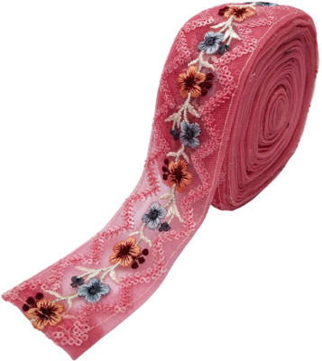 gleemify Pink Floral Embroidered Net Lace Trim – 2 Meter for DIY & Apparel Lace Reel(Pack of 1)