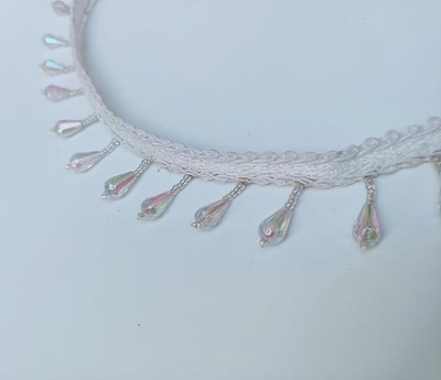 Swag Enterprises TRANSPARENT-RINBW-MOTI-8Meter Pearl & White Latkan Hanging Bead Lace Border, 30 cm 8 Mtr Lace Reel(Pack of 1)
