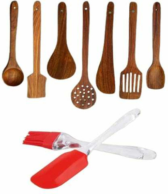 WOODINCLINE Set Of 7 With Silicon Oil Brush Combo Set1038 Wooden Serving Spoon Set(Pack of 9)