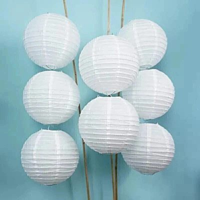Kala Decorators Round Hanging Ball Paper Hanging Lantern Paper Lamp | Balcony Decoration Items White Paper Hanging Lantern(25 cm X 25 cm, Pack of 8)